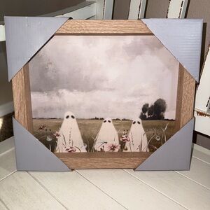 Ghosts In‎ The Field NWT Wood Framed Art Print Halloween Ghosties Flower Fields